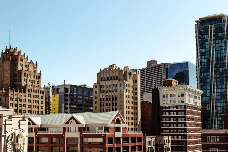High view of high-rise buildings in downtown Fort Worth, Texas.